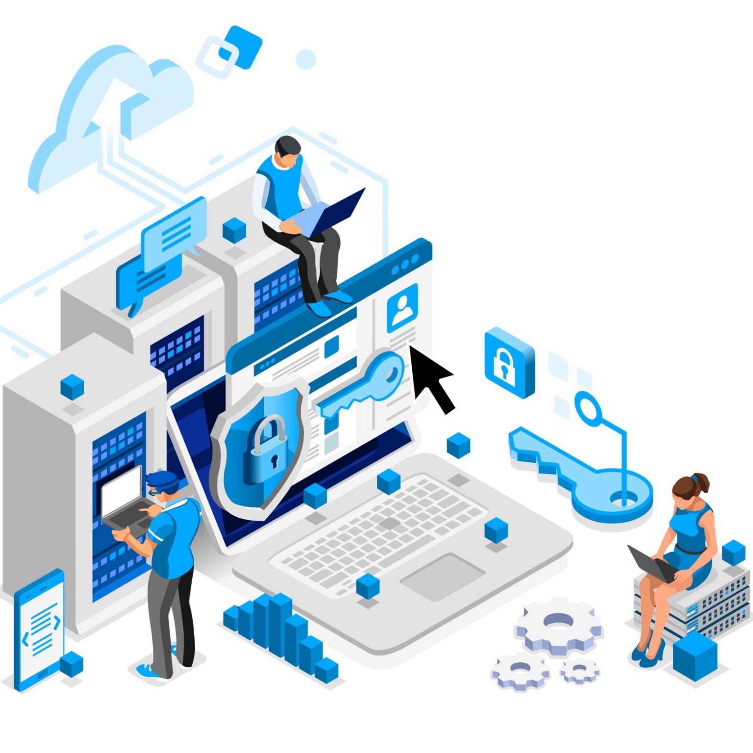 Online administrator, web hosting concept. Technician repair software. Hardware protection share infographic. Store safe server concept. Characters and text images, flat isometric vector illustration